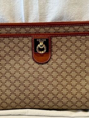 Vintage Celine Brown Triomphe Monogram Clutch with Tan Leather Trim